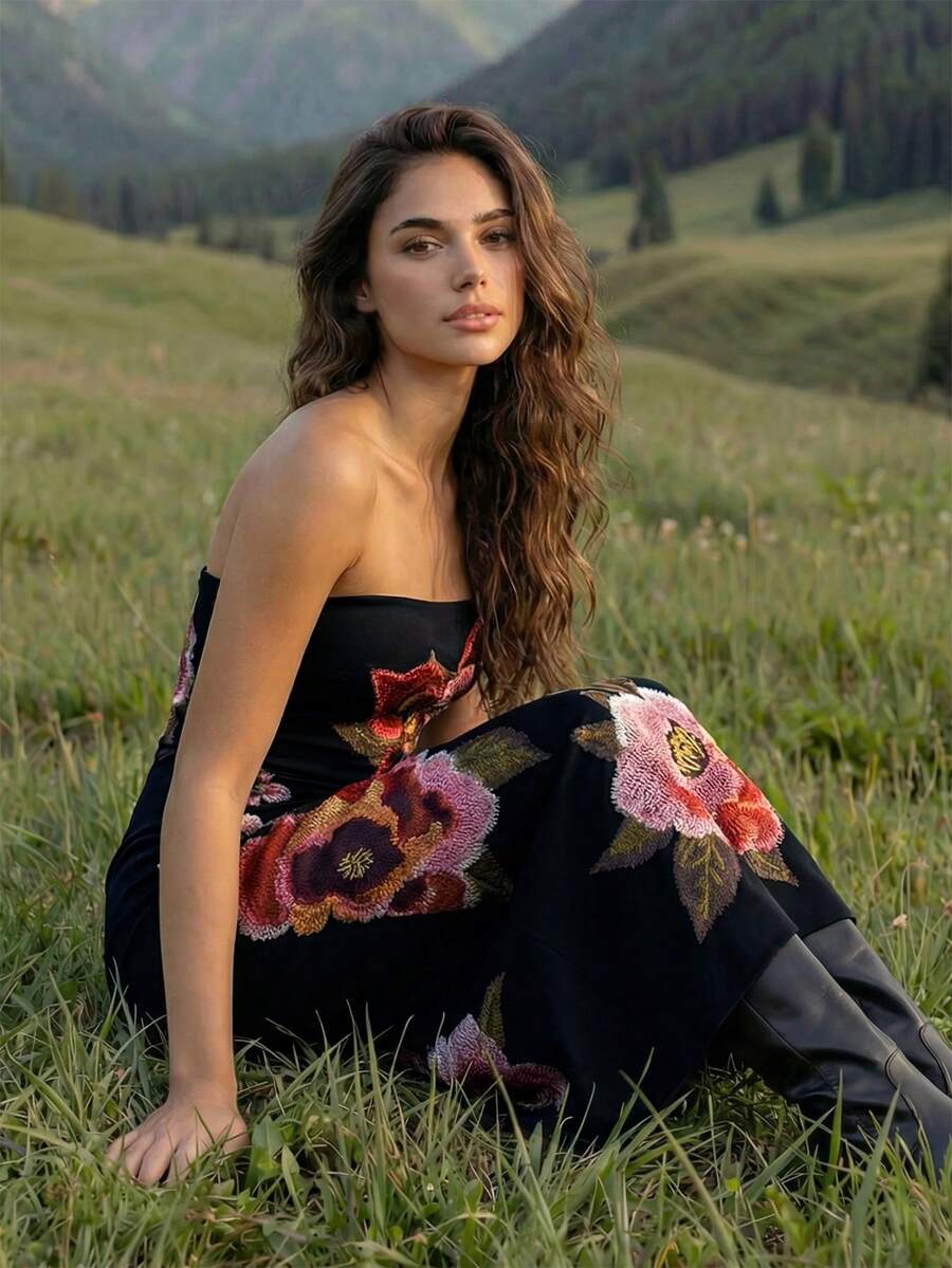 CAJUNI Women's Summer Beach Vacation Floral Print Fitted Tube Dress,Summer Dresses For Women - Black - View 1