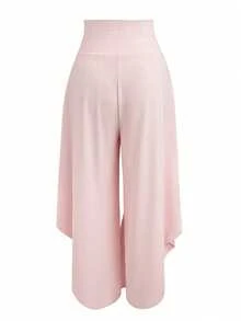 SHEIN Franclia 女款休閒素色輕量高腰寬鬆不對稱寬腿長褲，夏季畢業季適用 - 粉色 - 查看 2
