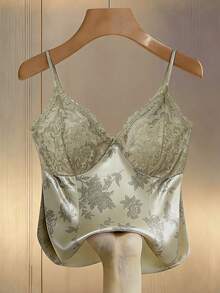 Franclia Women's Elegant Contrast Lace Floral Print Camisole - Khaki - View 2