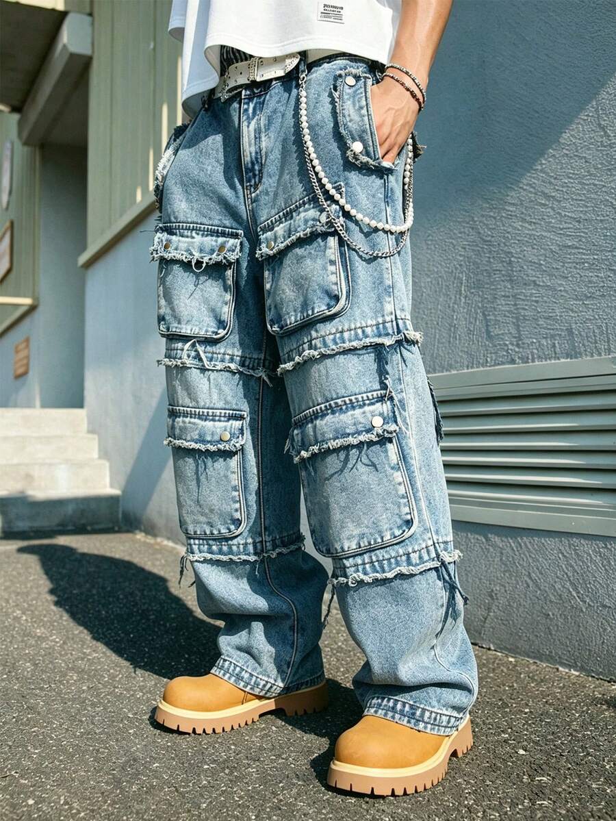PAVTROS Quần jeans ống rộng túi hộp dành cho nam - Màu xanh lam - Xem 1