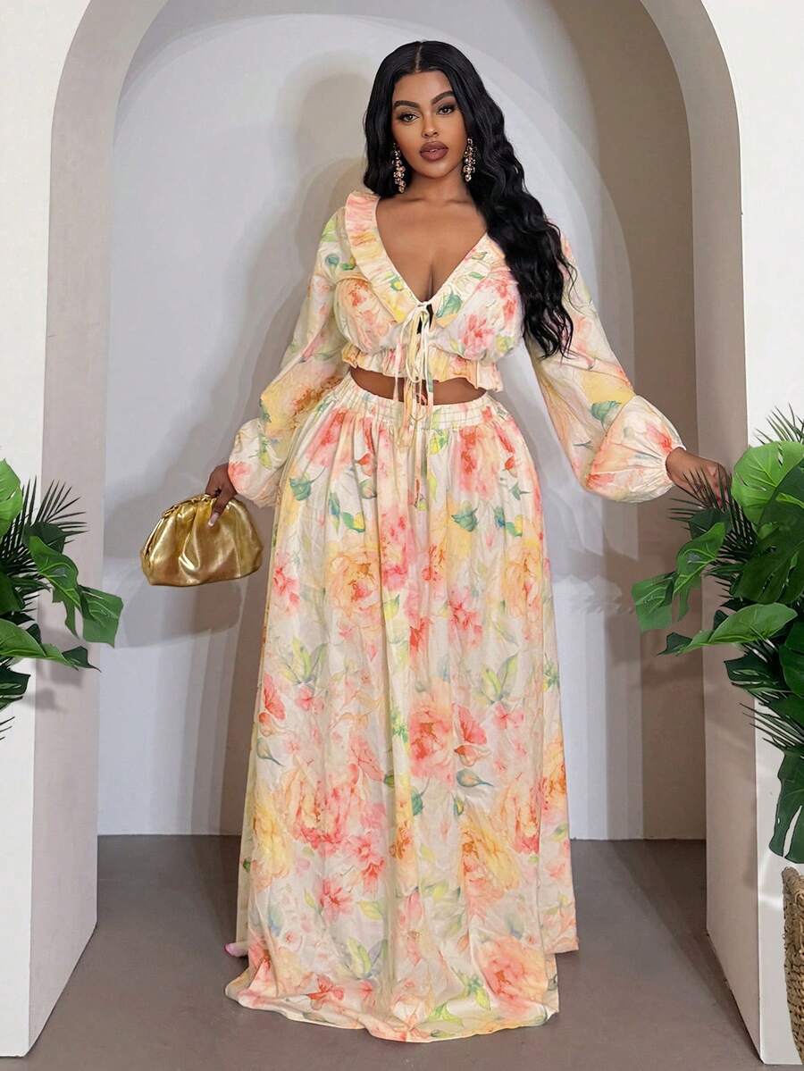 Veslaya 春夏浪漫優雅傳統花卉印花短版上衣與長裙套裝,度假、婚禮賓客、大尺碼馬卡龍色 - 淡黃色 - 查看 1