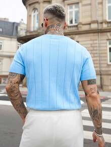 Artur Kramer ALTZTAR Men's Solid Color Short Sleeve Knit Vertical Striped Crew Neck Top - Baby Blue - View 3