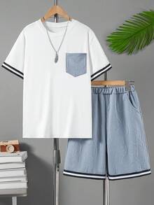 SHEIN Vacaura 2件套青少年男童夏季撞色字母拼接圆领短袖T恤和户外休闲时尚3D字母运动短裤 - 藍色 - 查看 6