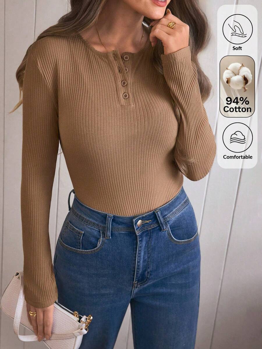 Louniche Body de manga larga ajustado de unicolor para mujer, minimalista y versátil, para otoño/invierno - Caqui - Ver 1