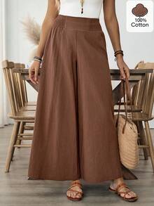 SHEIN LUNE Women's Casual Solid Color Shirred Waist Wide Leg Pants - Coffee Brown - View 8