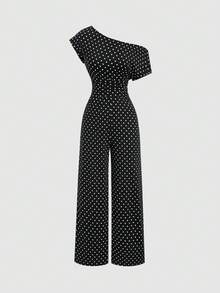 Sweetra Bộ jumpsuit nữ thanh lịch, thoải mái, đa năng màu đen chấm bi, kiểu dáng lệch vai, ống thẳng, thích hợp cho công sở, mùa xuân/hè. - màu đen - Xem 1