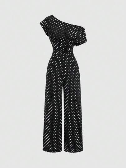 Sweetra Women's Elegant Commuter Casual Comfortable Versatile Black Polka Dot Asymmetrical Shoulder Straight Leg Jumpsuit, Spring/Summer