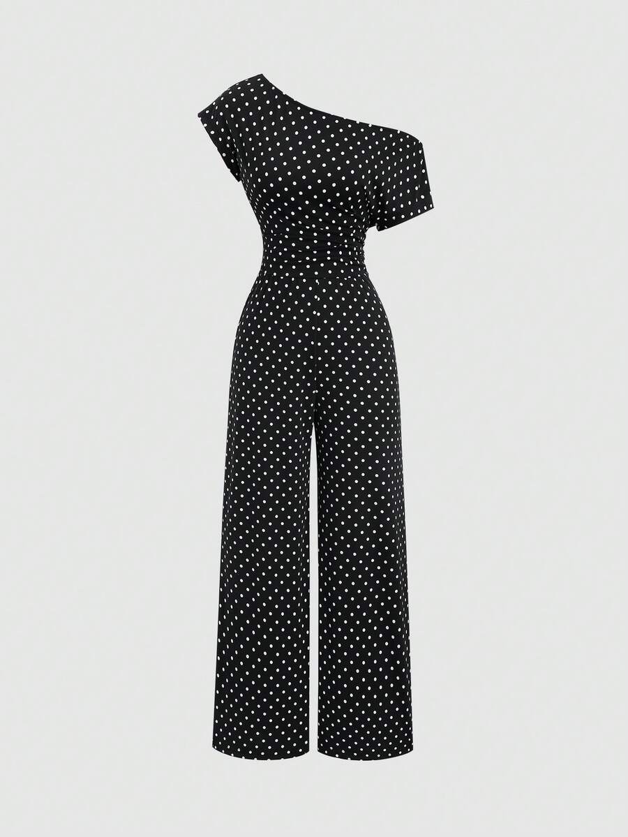 Sweetra Bộ jumpsuit nữ thanh lịch, thoải mái, đa năng màu đen chấm bi, kiểu dáng lệch vai, ống thẳng, thích hợp cho công sở, mùa xuân/hè. - màu đen - Xem 1