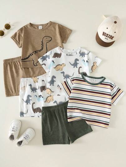 SHEIN 3件套男女宝宝可爱恐龙印花短袖短裤休闲睡衣，宝宝夏季服装套装