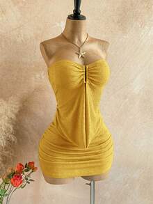 Soleia 夏季女士纯色修身时尚抹胸迷你连衣裙 - 黃色 - 查看 3