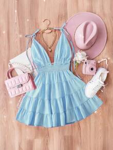 GlowEve Gaun Mini Wanita Polos Berlipit Kasual untuk Kencan dan Pesta - Baby Blue - View 2