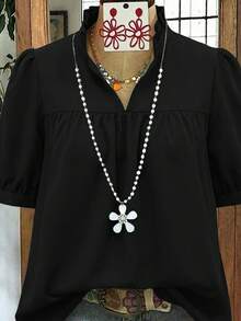 Linhara Plus Size Women Solid Color Versatile Minimalist Pleated Short Sleeve Blouse, Suitable For Spring - Black - View 3