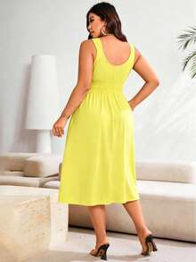 Ceyna Plus Size Solid Color Pleated Casual Summer Dress Maxi Women Outfit Beach Vacation Light Green - Yellow - View 2