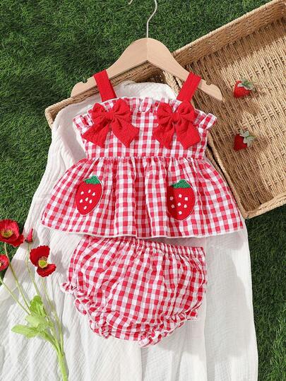 SHEIN 2pcs Baby Girls' Sweet & Cute Red & White Plaid Bow Strawberry Decor Sleeveless Romper, Suitable For Daily Outings, Casual Trips, Family Gatherings, Birthday Parties, Photo Shoots, Summer