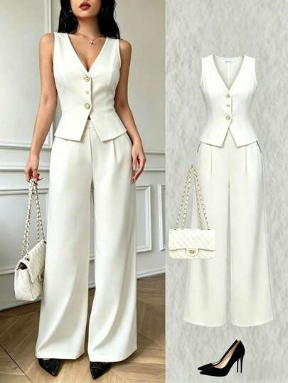 Conjunto de 2 piezas de top de tirantes con cuello redondo y pantalones con ribete de contraste, elegante