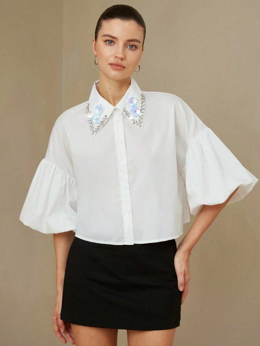 BELROSIE New Design Luxury Beaded Decor Loose Slimming Elegant Commuting Versatile Handmade Rhinestone Puff Sleeve Short Sleeve Blouse Top For Women Party - White - View 1