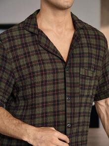 CoupledUp Classic Plaid Print Men's Casual Short Sleeve Shorts Collared Pajama Set - Green - View 6