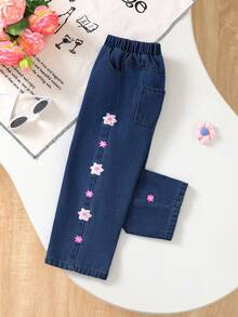 1pc Girls Casual Floral Denim Straight Leg Pants - Navy Blue - View 3