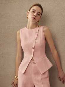 MOTF PREMIUM Chaleco de lino 100% con hebilla metálica, estilo vintage, para primavera/verano - Rosa - Ver 7