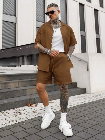 Artur Kramer Bộ đồ hè 2 món dành cho nam, áo sơ mi vải lanh nhẹ, thoáng khí và quần short dây rút, phong cách quý ông cổ điển, trang phục thường ngày đi biển, dự tiệc cưới, kỳ nghỉ, du lịch, quà tặng Ngày của Cha cho chồng, bố, bạn trai, thoải mái và đa năng.