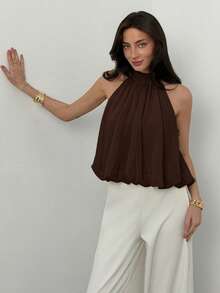 Aloruh Blusa casual de mujer de unicolor con hombros descubiertos - Café integral - Ver 3