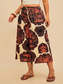 Travachic Plus Size Floral Print Drawstring Waist Wide Leg Capri Pants Women's Vacation Palm Tree Beach Vacation Beige Summer Boho - Multicolor - View 1