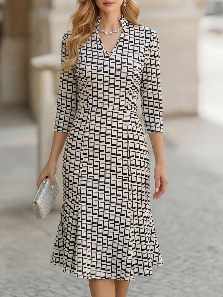 Women's Fashionable Elegant Printed 3/4 Sleeve Mid-Length Dress Office Dresses For Women Business Casual Dress Womens Patterned Dress Knee Length Dress 3/4 Sleeve Dress,Summer Dress, Elegant Dresses For Ladies,Work Wear Women,Floral Dress Business Dresses For Women Elegant Geometric Dress