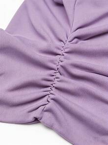 Slaydiva Plus Size Women Summer Casual Commuting Minimalist Solid Color Square Neck Short Sleeve Ruched Fitted T-Shirt - Purple - View 7
