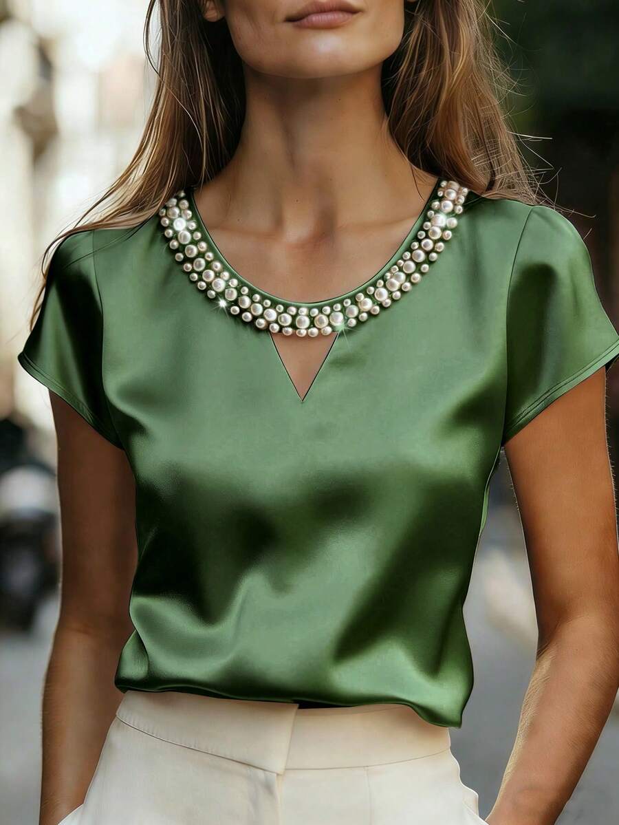 Solid Satin V-Neck Pearls Embellished Gentle & Intellectual Women Short Sleeve T-Shirt - Green - View 1