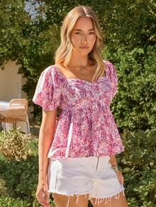 KARISMINA Áo kiểu nữ mùa hè cổ tim tay cánh hoa họa tiết hoa nhí xếp nếp - Hồng - Xem 4