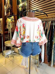 Franclia Blouse décontractée à col V, imprimé fruits, animaux, fleurs et papillons, blocs de couleurs, élégante et mignonne, style rétro, pour vacances et plage, taille grande, printemps/été - Multicolore - Voir 2