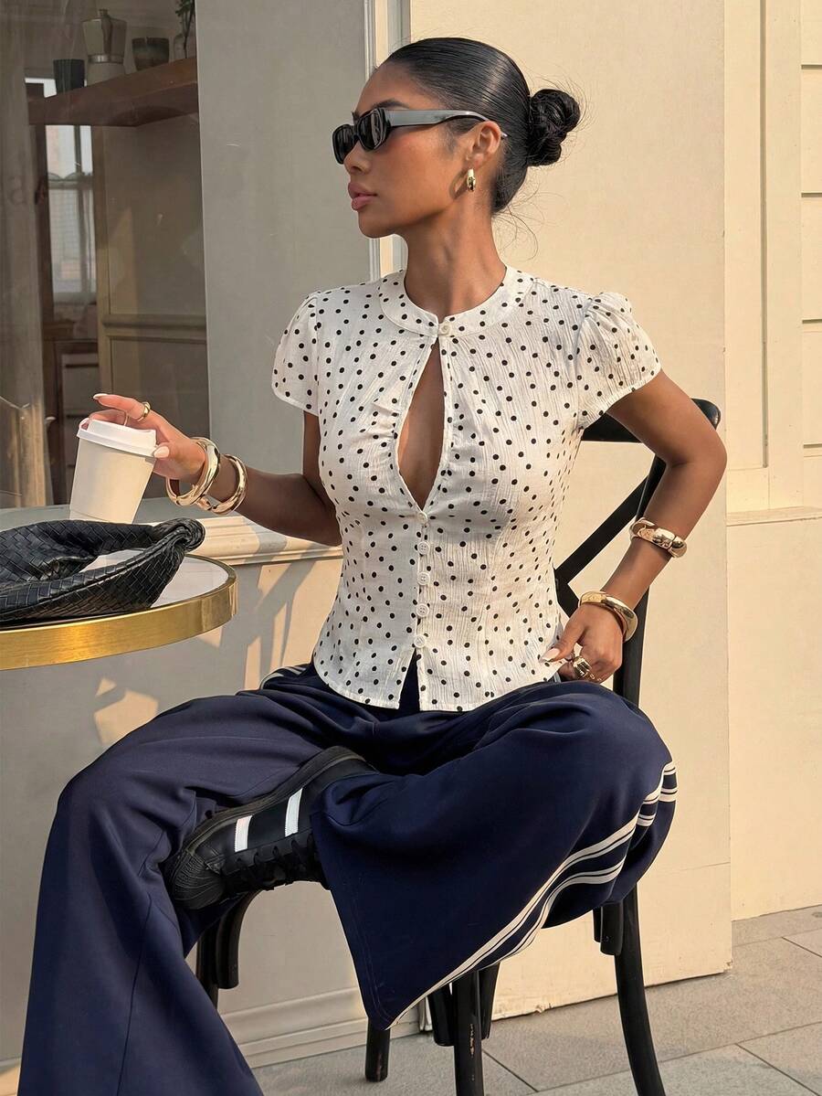 Muchica 杏色波点梭织女式蝙蝠袖衬衫 - 杏色 - 查看 1