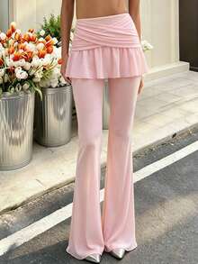 Cévolie 韩式芭蕾舞风格二合一喇叭裤，女士休闲叠穿粉色长裤 - 粉色 - 查看 1