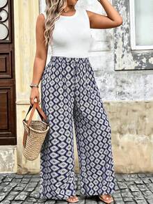 Breezaya Pantalones anchos de pierna ancha con estampado todo sobre y nudos para tallas grandes - Azul Marino - Ver 4