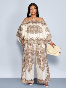 SOLERSUN Women's 2pcs/Set Plus Size Line Floral Print Vacation Casual Spring/Summer Off-Shoulder Shirt And Wide Leg Pants Clothes For Women 2 Piece Set Co Ord Sets Women - Khaki - View 2