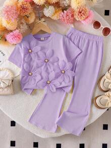 Genkimix Kids 2pcs/Set Girls (Small) Knitted Short Sleeve Apricot Floral Pearl Button Top T-Shirt And Solid Color Flared Pants Casual Elegant Children Summer Outfit Spring Clothes For Kids Kids Coords For Girls Young Girls Clothing Sets Kids Clothes For Girl Girls Clothing Sets Retro Outfit For Kids Spring Outfits For Girls Flower 2 Piece Set - Purple - View 6