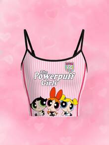 THE POWERPUFF GIRLS X SHEIN 女士细肩带条纹可爱印花夏季吊带衫 - 白色 - 查看 1