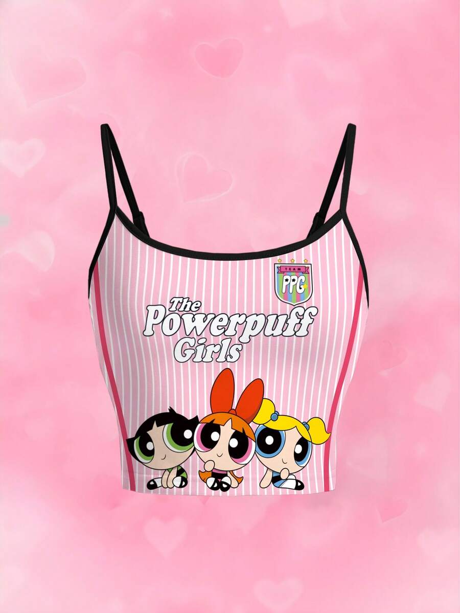 THE POWERPUFF GIRLS X SHEIN 女士细肩带条纹可爱印花夏季吊带衫 - 白色 - 查看 1