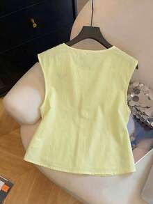Airaco Women's Summer Embroidered Detail Front Button Round Neck Camisole - Light Yellow - View 2