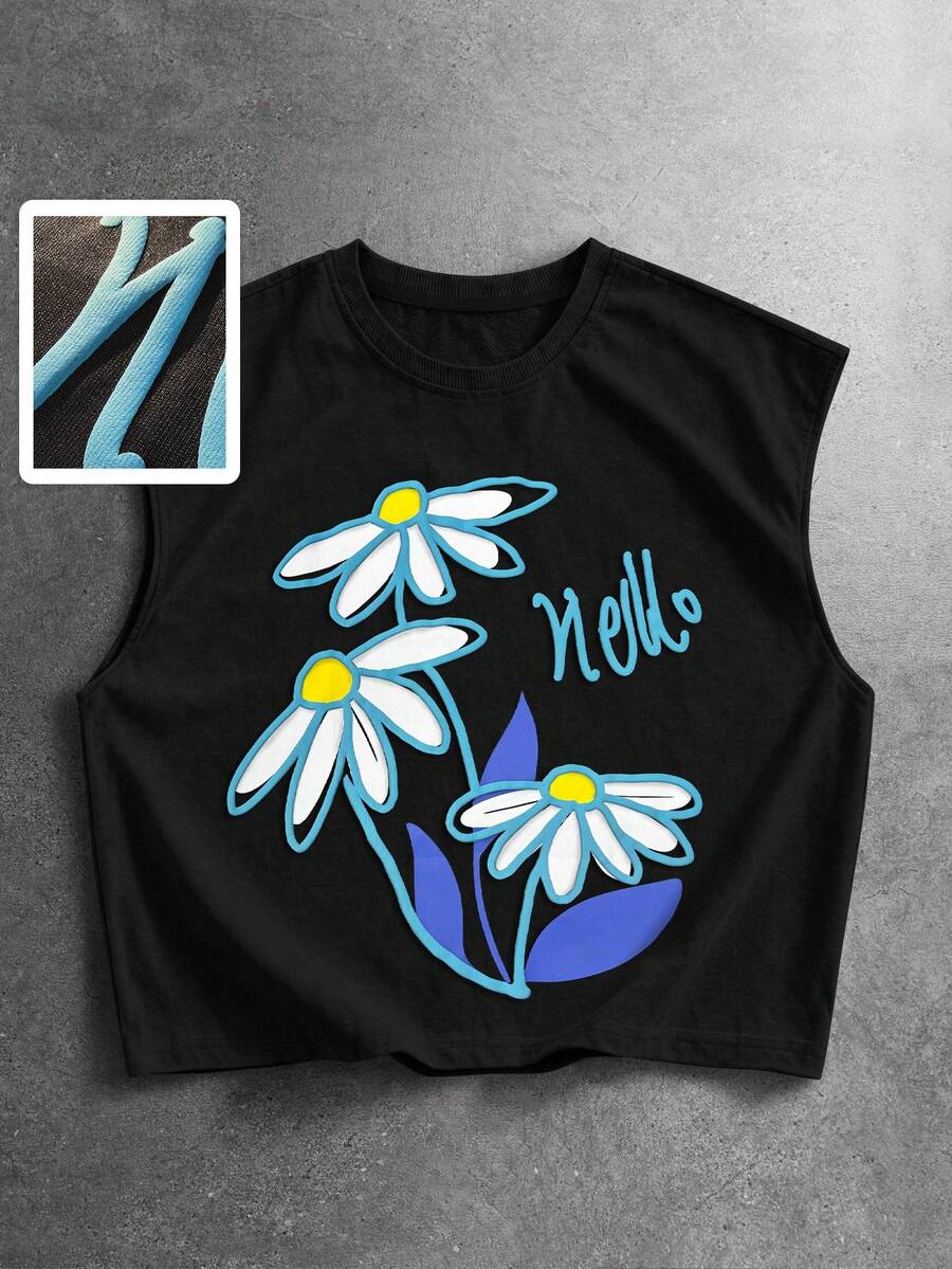ROMWE MEN Street Life Camiseta de tirantes con cuello redondo y estampado floral para hombre - Negro - Ver 1