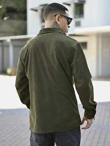 Devon Thys Lightweight Corduroy Polyester Men's Casual Shirt Jacket, Turndown Collar Button Long Sleeve Cardigan With Dual Pockets, Suitable For Daily Casual, Fashion, Commuting, Comfortable Home And Street Wear, Thin Long Sleeve Shirt - Army Green - View 3