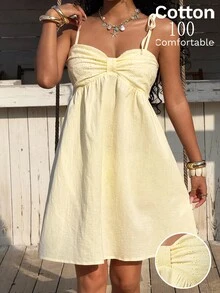 SHEIN EZwear 女士褶皱休闲亚麻吊带连衣裙 - 黃色 - 查看 1
