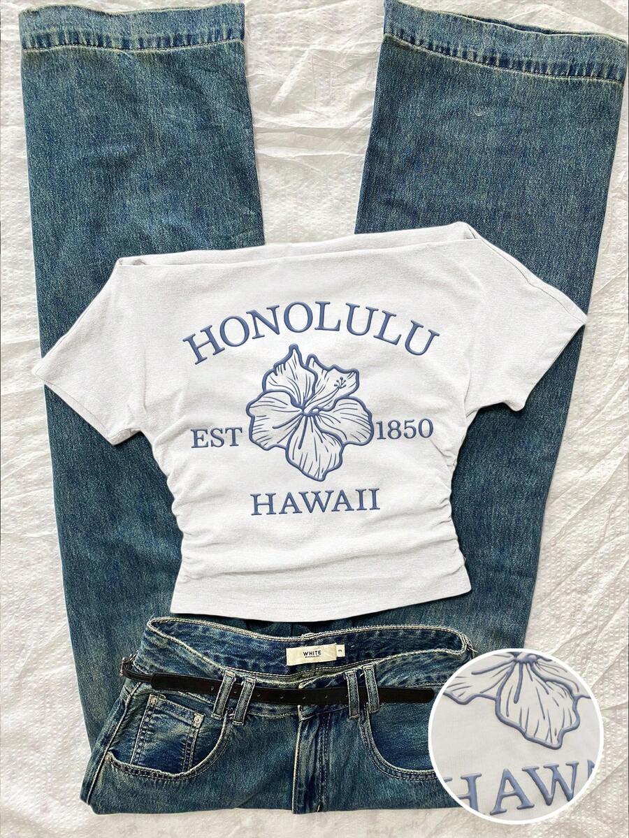 Attitoon Áo thun nữ tay ngắn ôm sát, dáng suông, eo nhún, trễ vai, thích hợp cho mùa hè. - trắng - Xem 1