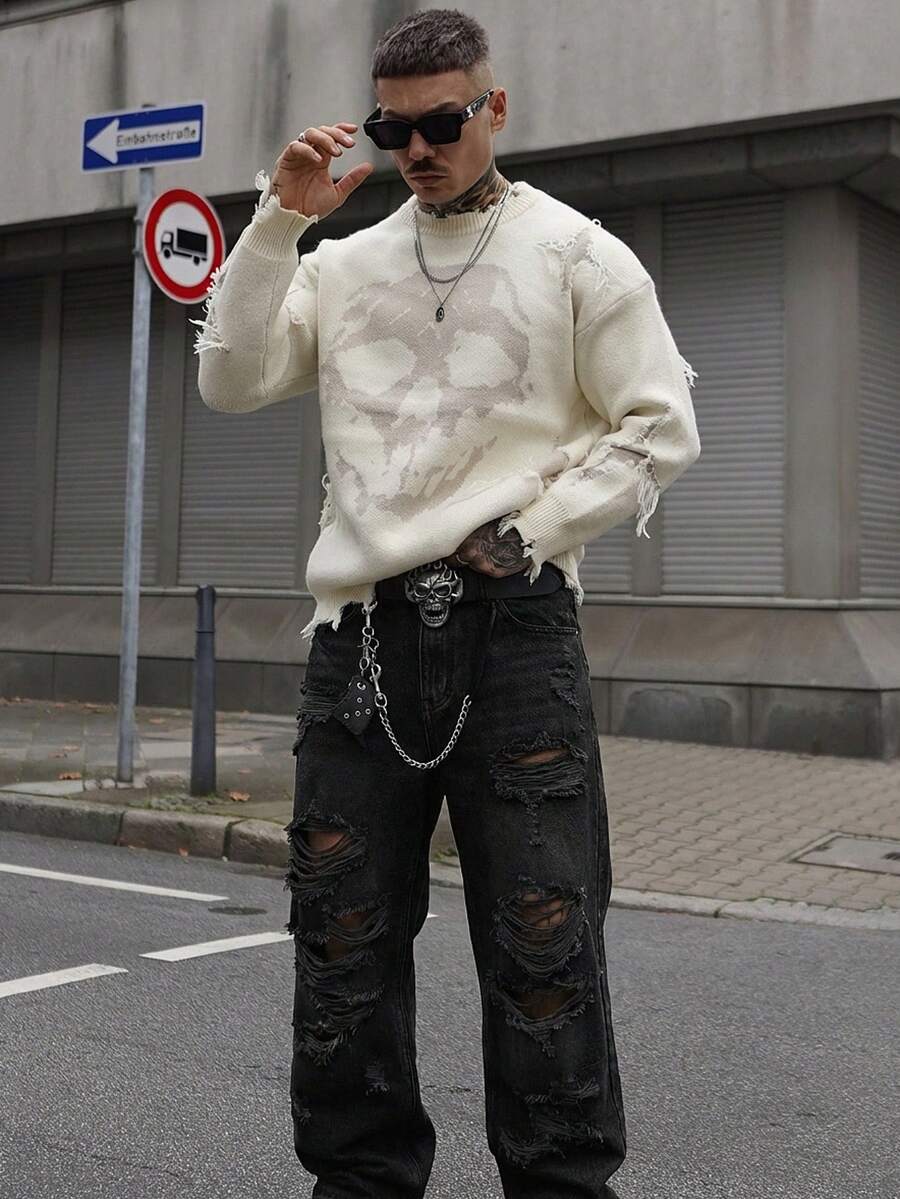 Artur Kramer 1pc Men's Distressed Wide Leg Jeans, American Vintage Ripped High Street Casual Loose Long Pants (Product Does Not Include Belt And Accessories) - Black - View 1