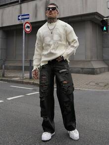 Artur Kramer 1pc Men's Distressed Wide Leg Jeans, American Vintage Ripped High Street Casual Loose Long Pants (Product Does Not Include Belt And Accessories) - Black - View 4