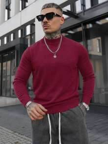 Artur Kramer Sweater Rajut Kasual Minimalis Lengan Panjang Kerah Tegak Pria, Warna Polos, Ringan untuk Musim Gugur/Dingin - Burgundy - View 1