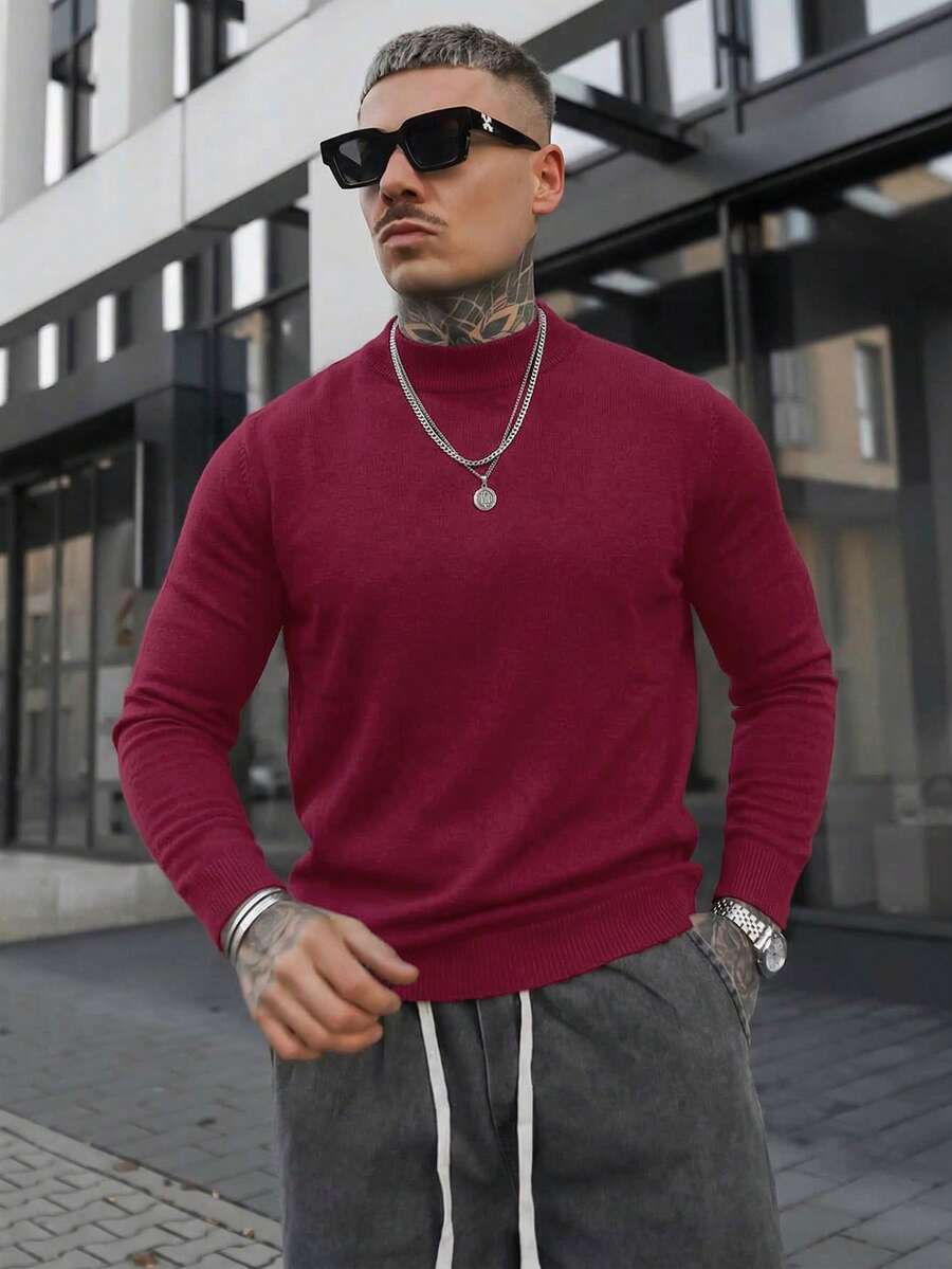 Artur Kramer Sweater Rajut Kasual Minimalis Lengan Panjang Kerah Tegak Pria, Warna Polos, Ringan untuk Musim Gugur/Dingin - Burgundy - View 1