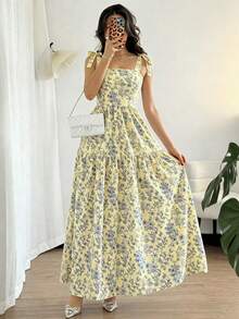 Breezaya French Elegant Ruched Bustier Flared Dress, Blue Floral Print, Sleeveless, Summer New Arrival - Yellow - View 7