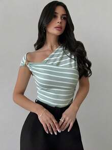 Firerie T-shirt blanc moulant pour femmes avec épaule asymétrique, drapé et taille froncée, modeste et élégant, pour le quotidien, le trajet, la plage, l'aéroport, les vacances, les enseignantes, top d'été - Vert - Voir 4