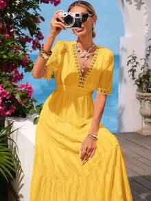 Vivid Eden Đầm dự tiệc thường ngày xếp ly cổ chữ V sâu dành cho nữ - Màu vàng - Xem 7